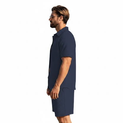 Men's Summer Two Piece Set with Textured Short Sleeve Shirt