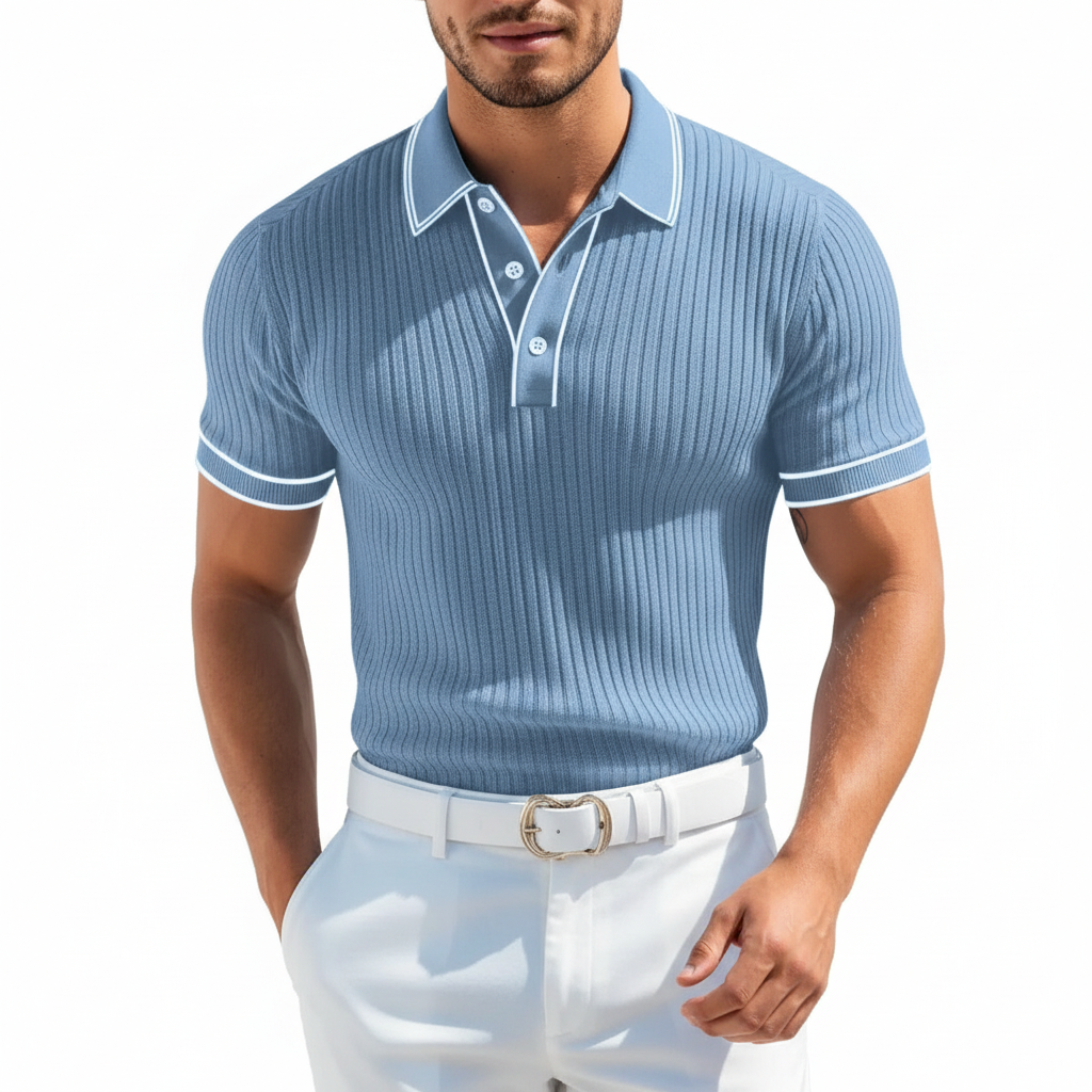 Men's Ribbed Polo Shirt with Short Sleeves for Summer Wear