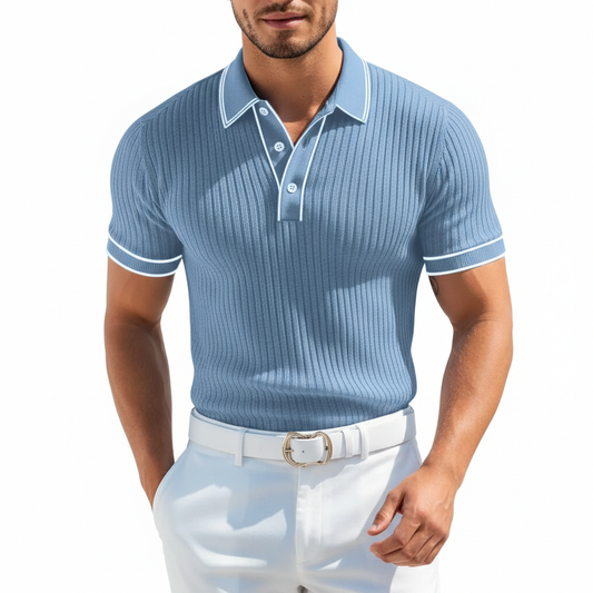 Men's Ribbed Polo Shirt with Short Sleeves for Summer Wear