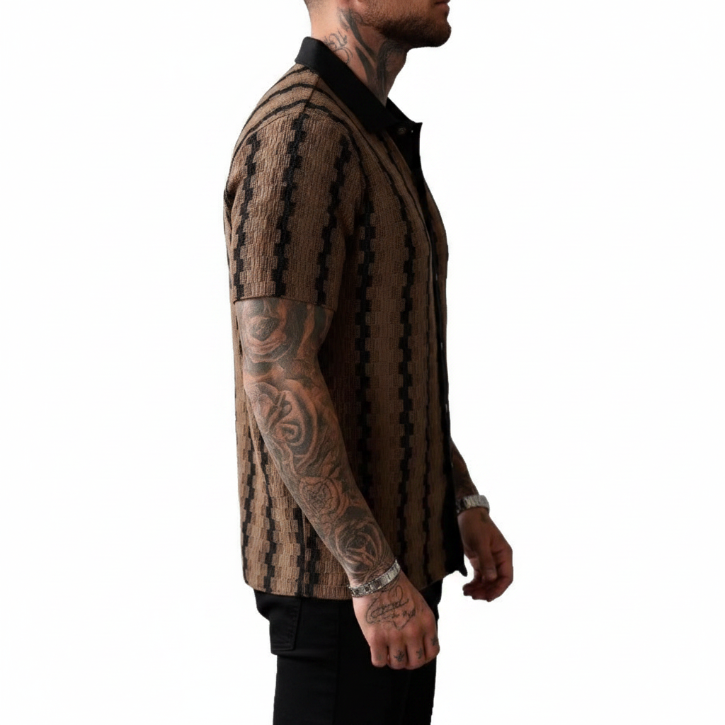 Men's Geometric Stripe Button Down Shirt with Textured Knit Design