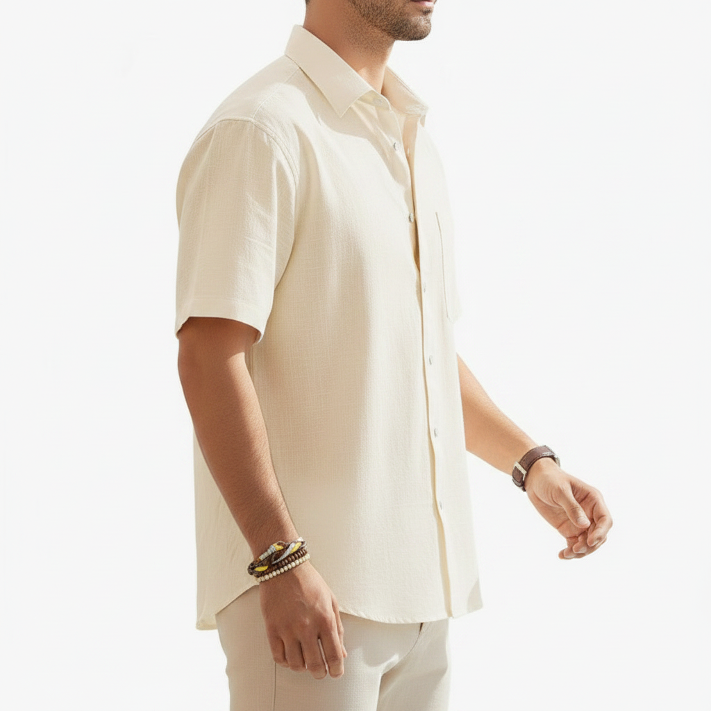 Men's Linen Short Sleeve Button Down Shirt with Chest Pocket