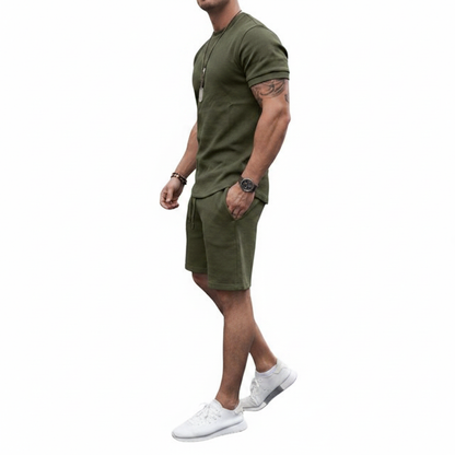 Men's Textured Short Sleeve T-Shirt with Drawstring Shorts Set