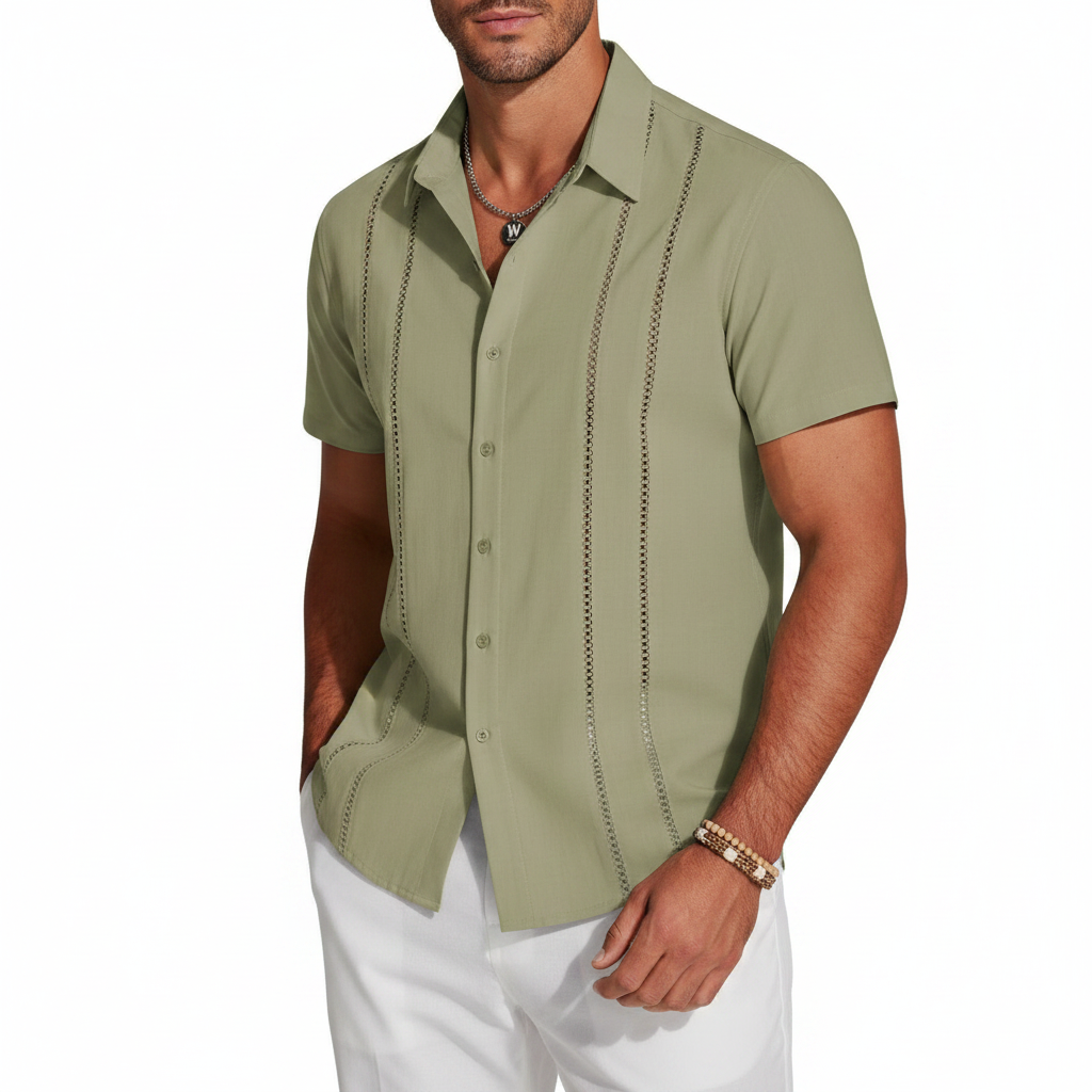 Men's Short Sleeve Button Down Shirt with Vertical Stripe Print