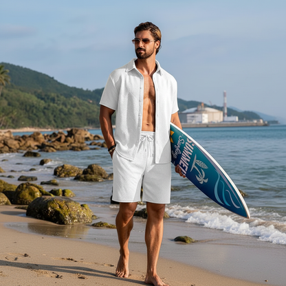 Men's Summer Two Piece Set with Textured Short Sleeve Shirt