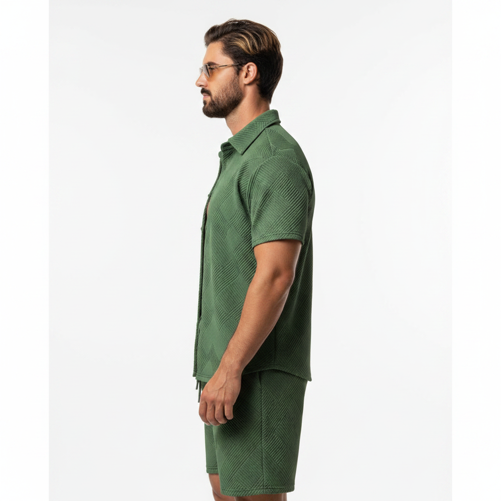Men's Summer Two Piece Set with Textured Short Sleeve Shirt