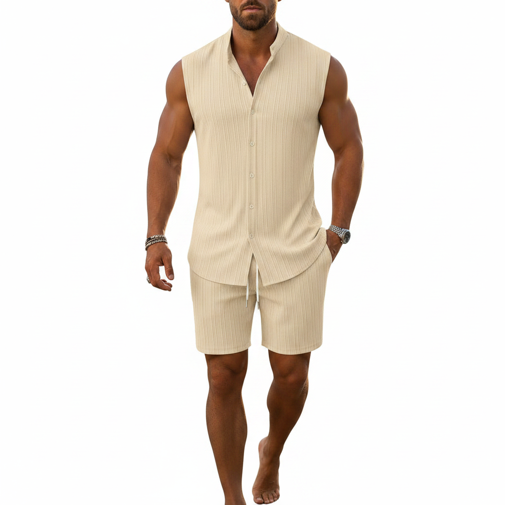 Men's Summer Two Piece Outfit with Sleeveless Button Down Shirt