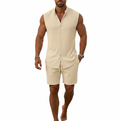 Men's Summer Two Piece Outfit with Sleeveless Button Down Shirt
