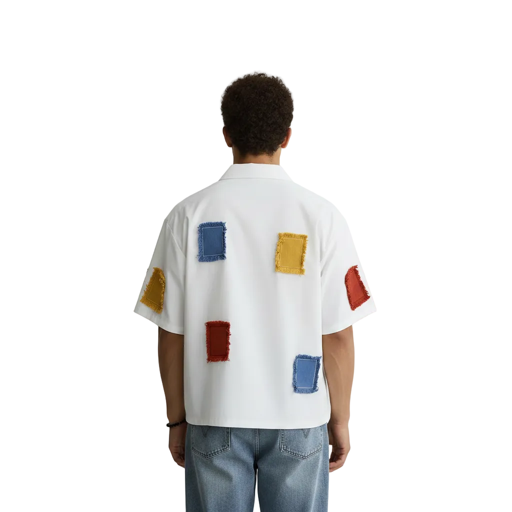 Men's Patchwork Button Down Shirt with Short Sleeves
