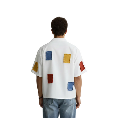 Men's Patchwork Button Down Shirt with Short Sleeves