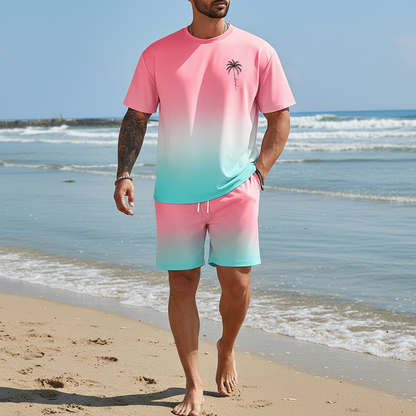 Men's Summer Two Piece Set with Short Sleeve Crew Neck T-Shirt