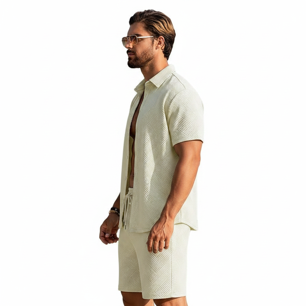 Men's Summer Two Piece Set with Textured Short Sleeve Shirt
