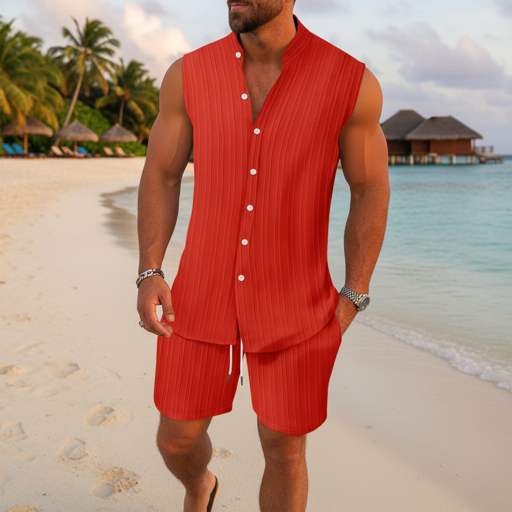 Men's Summer Two Piece Outfit with Sleeveless Button Down Shirt