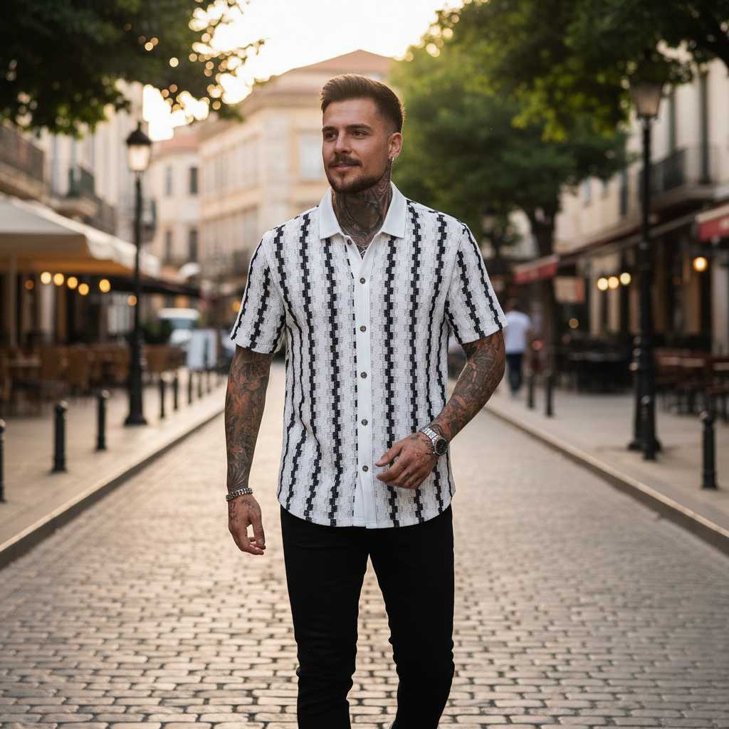 Men's Geometric Stripe Button Down Shirt with Textured Knit Design