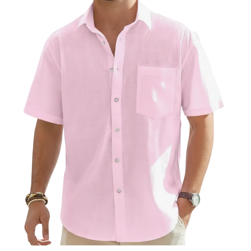 Men's Linen Short Sleeve Button Down Shirt with Chest Pocket