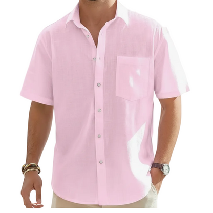 Men's Linen Short Sleeve Button Down Shirt with Chest Pocket
