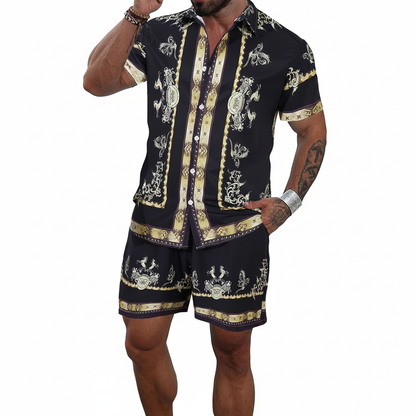 Men's Baroque Print Short Sleeve Button Down Shirt with Drawstring Shorts Set