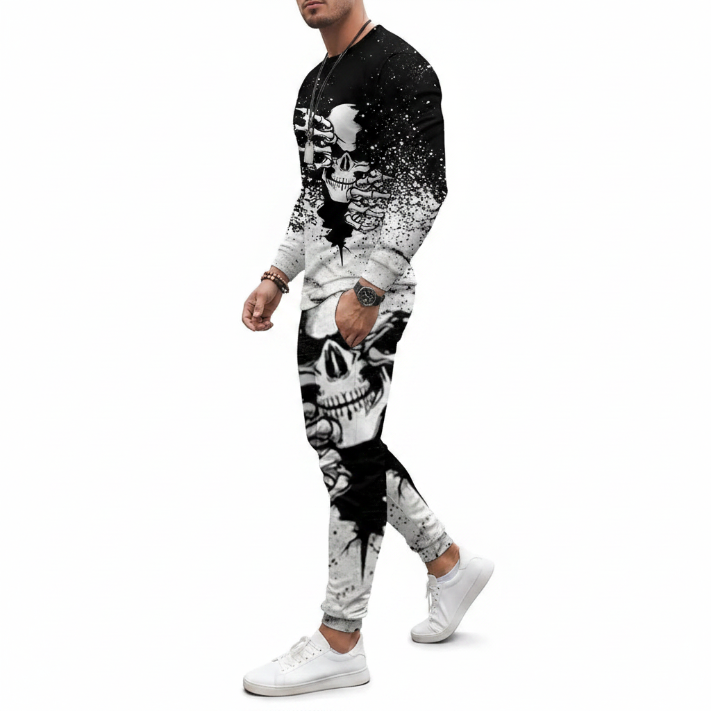 Men's Skull Print Long Sleeve Sweatshirt with Jogger Pants Set