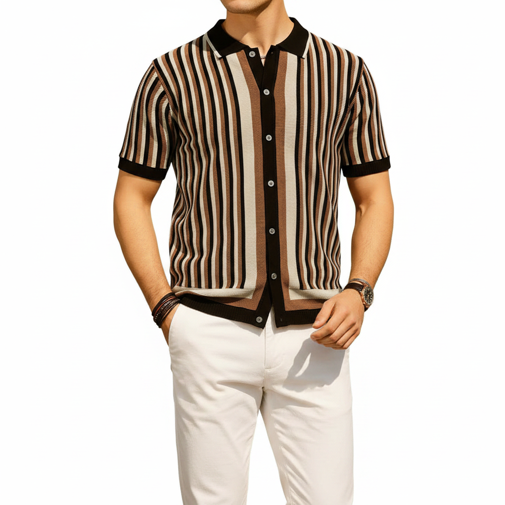 Men's Vertical Striped Short Sleeve Polo Shirt