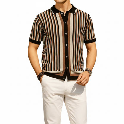 Men's Vertical Striped Short Sleeve Polo Shirt