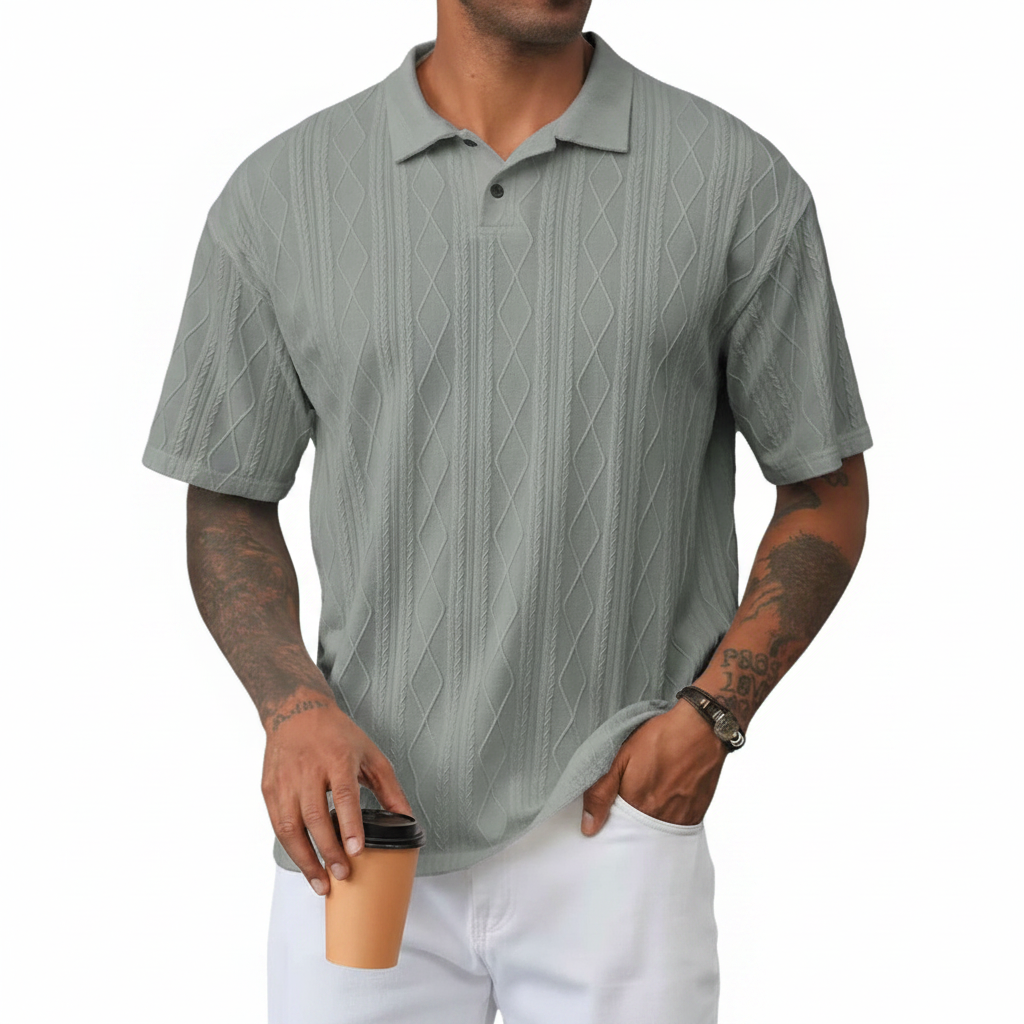 Men's Textured Short Sleeve Polo Shirt in Cotton Blend Fabric