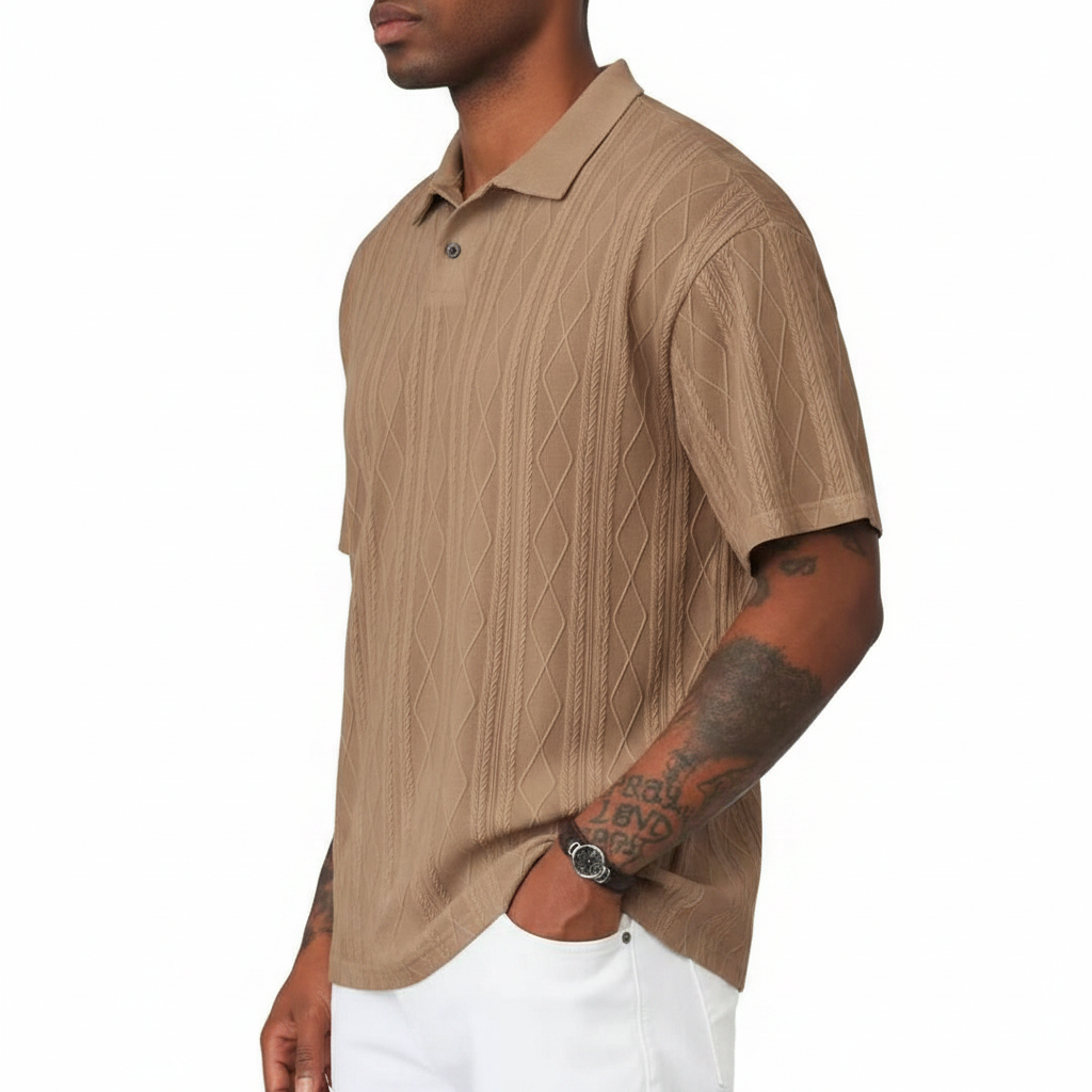 Men's Textured Short Sleeve Polo Shirt in Cotton Blend Fabric