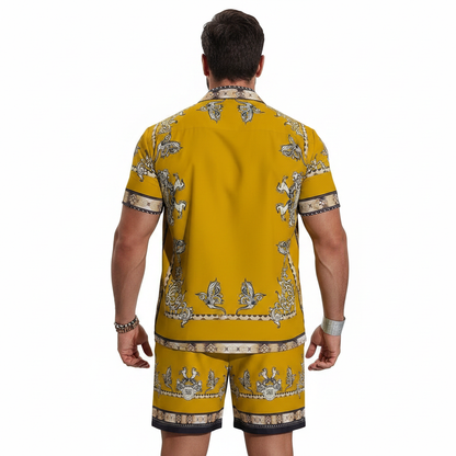 Men's Baroque Print Short Sleeve Button Down Shirt with Drawstring Shorts Set