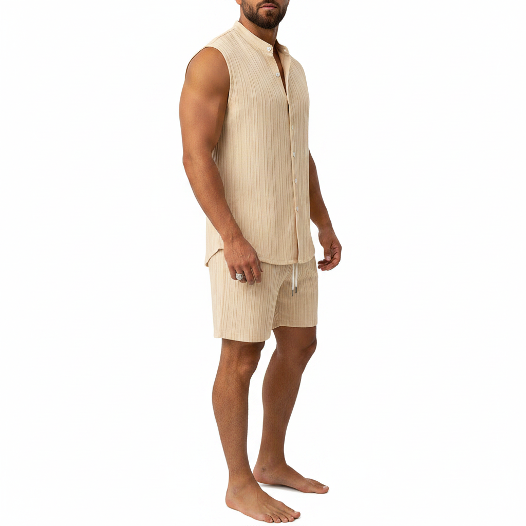 Men's Summer Two Piece Outfit with Sleeveless Button Down Shirt