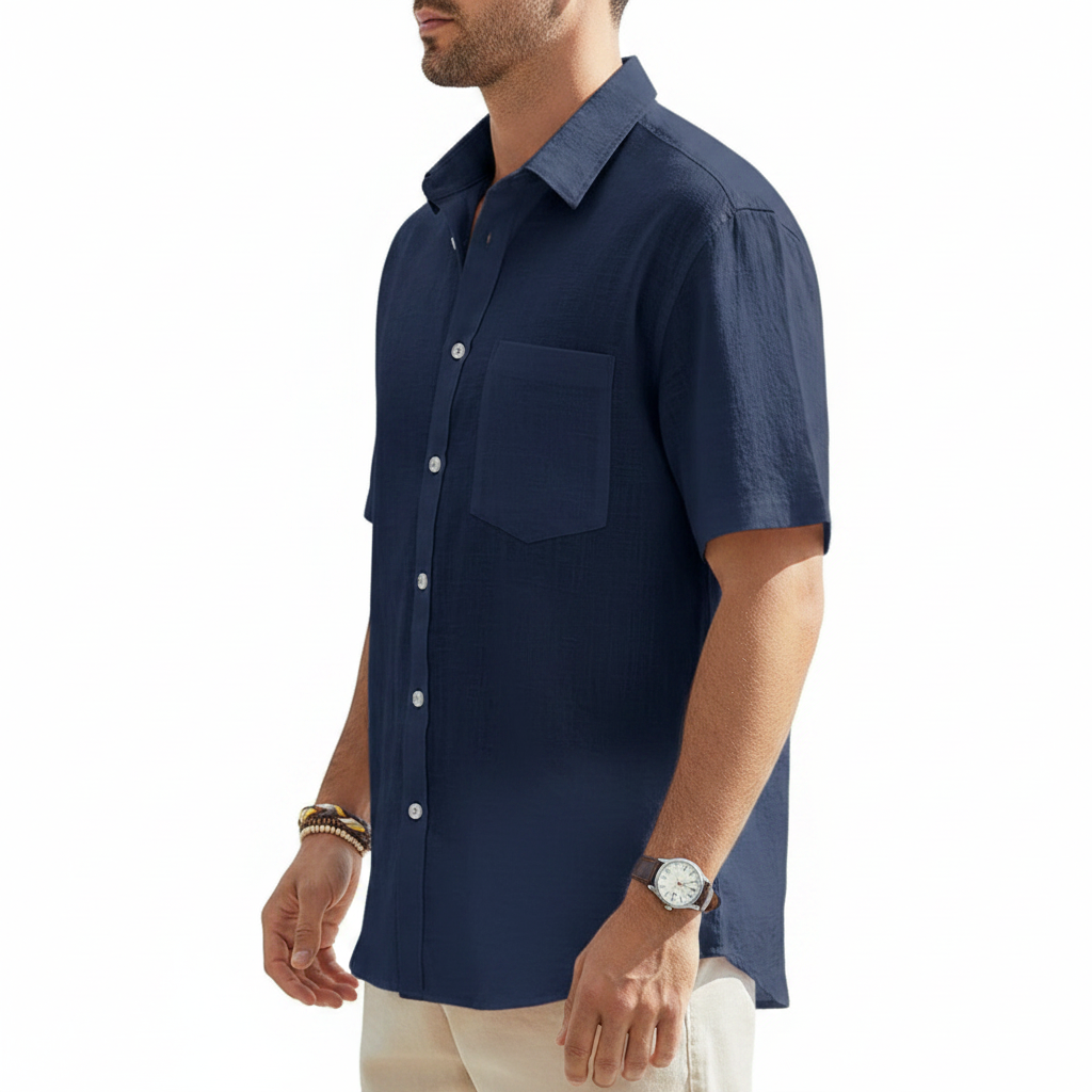 Men's Linen Short Sleeve Button Down Shirt with Chest Pocket