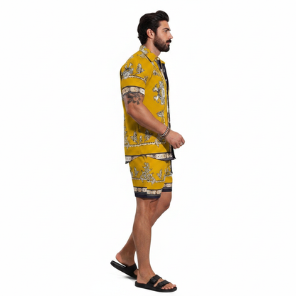 Men's Baroque Print Short Sleeve Button Down Shirt with Drawstring Shorts Set