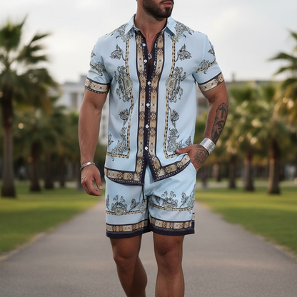Men's Baroque Print Short Sleeve Button Down Shirt with Drawstring Shorts Set