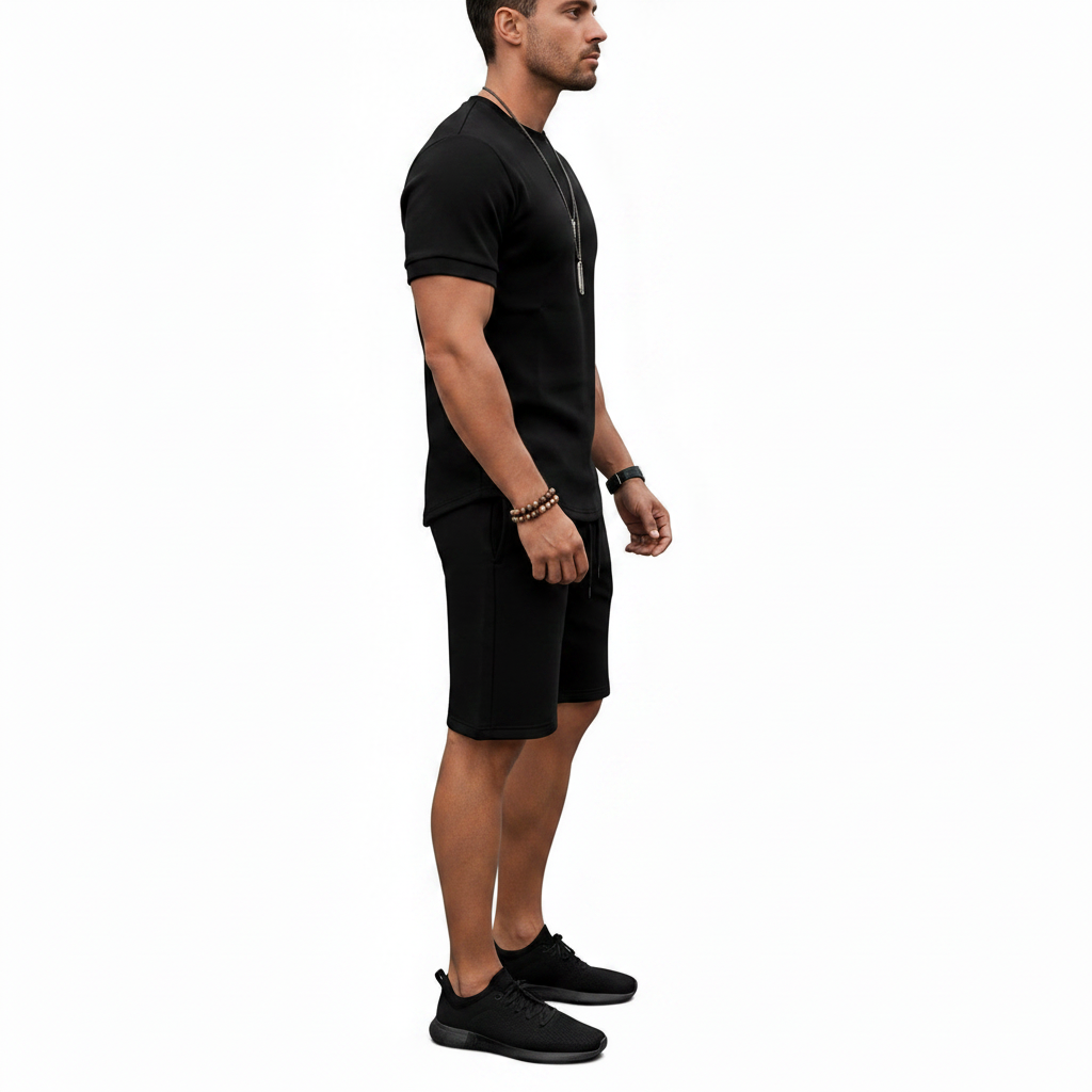 Men's Textured Short Sleeve T-Shirt with Drawstring Shorts Set