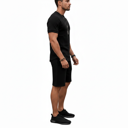 Men's Textured Short Sleeve T-Shirt with Drawstring Shorts Set