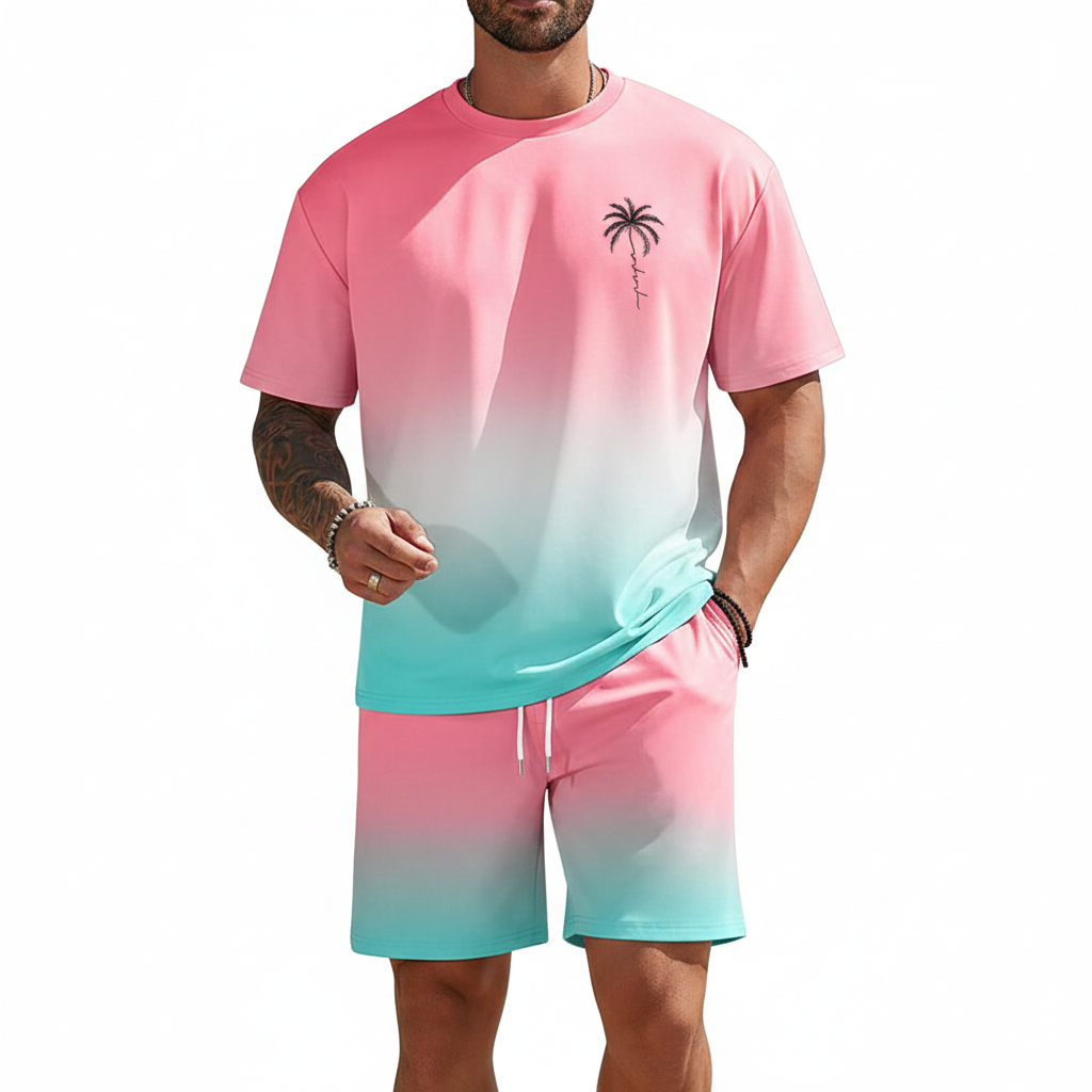 Men's Summer Two Piece Set with Short Sleeve Crew Neck T-Shirt