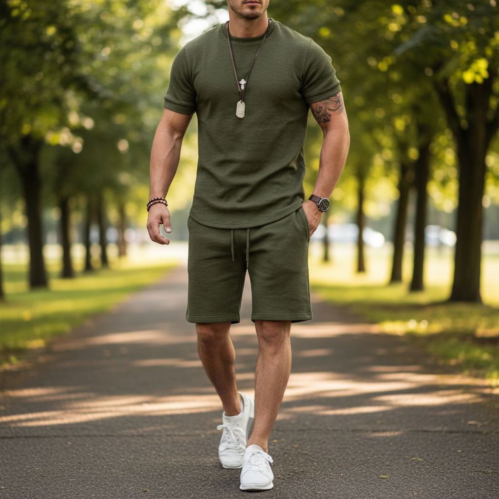 Men's Textured Short Sleeve T-Shirt with Drawstring Shorts Set