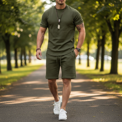 Men's Textured Short Sleeve T-Shirt with Drawstring Shorts Set