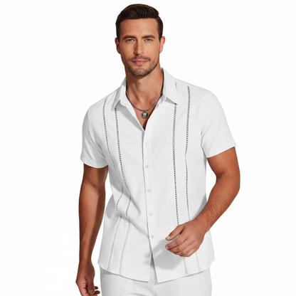 Men's Short Sleeve Button Down Shirt with Vertical Stripe Print