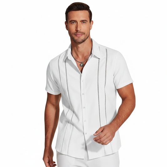 Men's Short Sleeve Button Down Shirt with Vertical Stripe Print