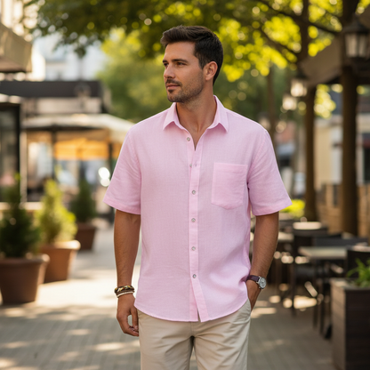 Men's Linen Short Sleeve Button Down Shirt with Chest Pocket