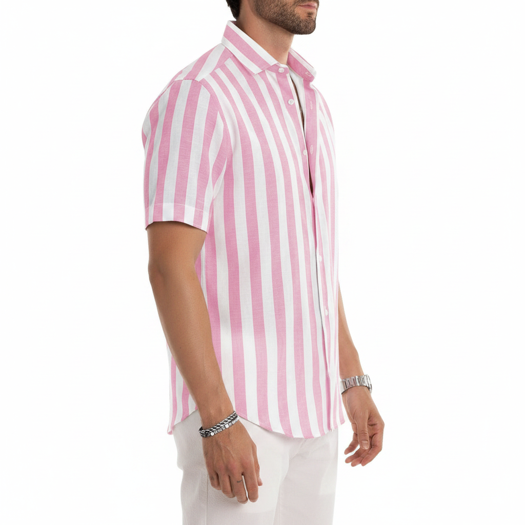 Men's Vertical Striped Short Sleeve Button Down Shirt