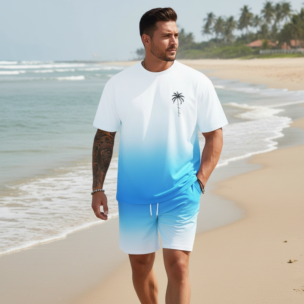 Men's Summer Two Piece Set with Short Sleeve Crew Neck T-Shirt