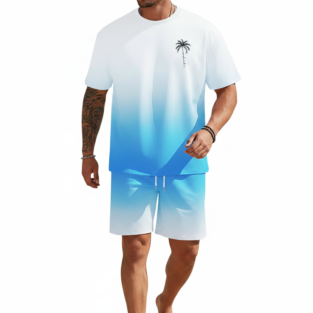 Men's Summer Two Piece Set with Short Sleeve Crew Neck T-Shirt