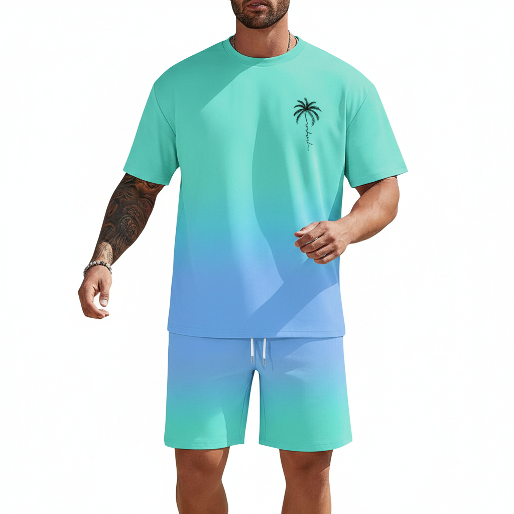 Men's Summer Two Piece Set with Short Sleeve Crew Neck T-Shirt