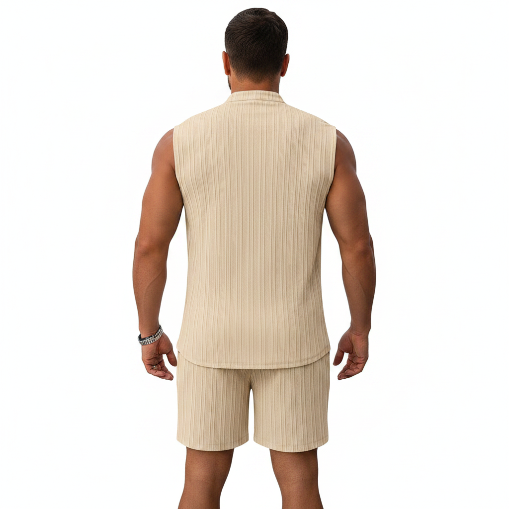 Men's Summer Two Piece Outfit with Sleeveless Button Down Shirt