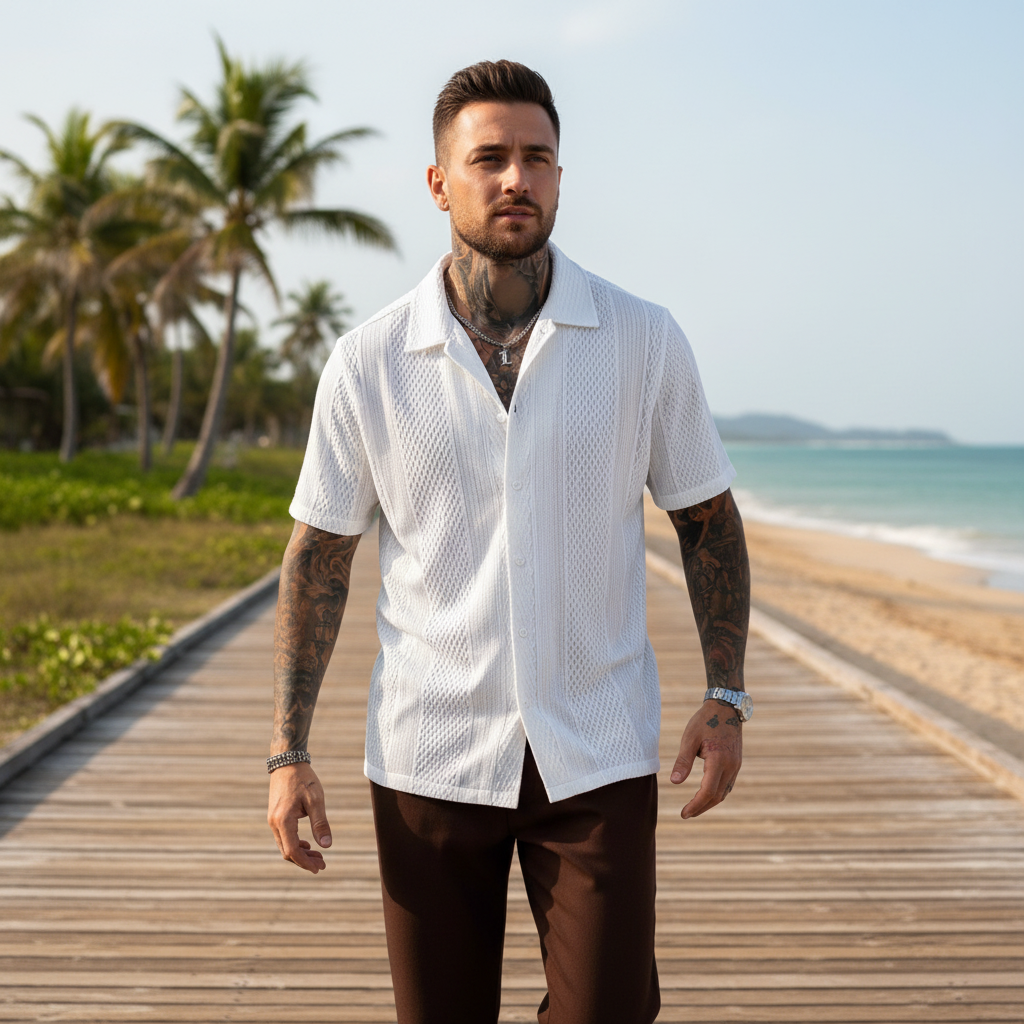 Men's Textured Button Down Shirt with Short Sleeves