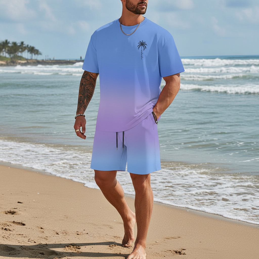 Men's Summer Two Piece Set with Short Sleeve Crew Neck T-Shirt