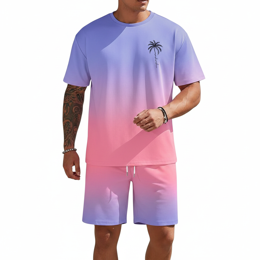 Men's Summer Two Piece Set with Short Sleeve Crew Neck T-Shirt