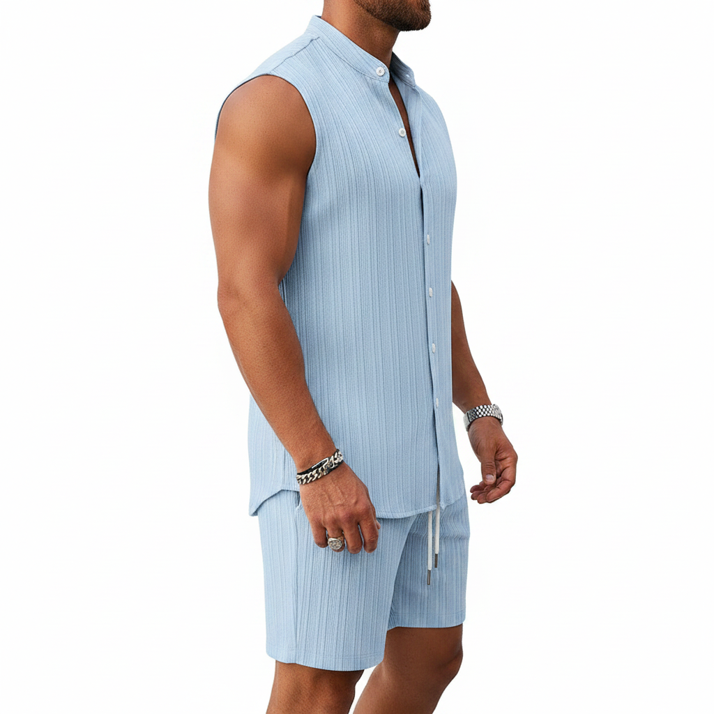 Men's Summer Two Piece Outfit with Sleeveless Button Down Shirt