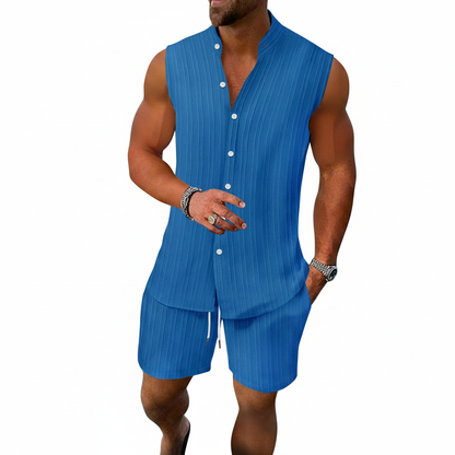 Men's Summer Two Piece Outfit with Sleeveless Button Down Shirt