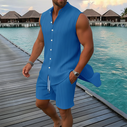 Men's Summer Two Piece Outfit with Sleeveless Button Down Shirt
