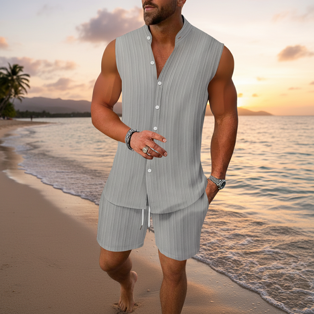 Men's Summer Two Piece Outfit with Sleeveless Button Down Shirt
